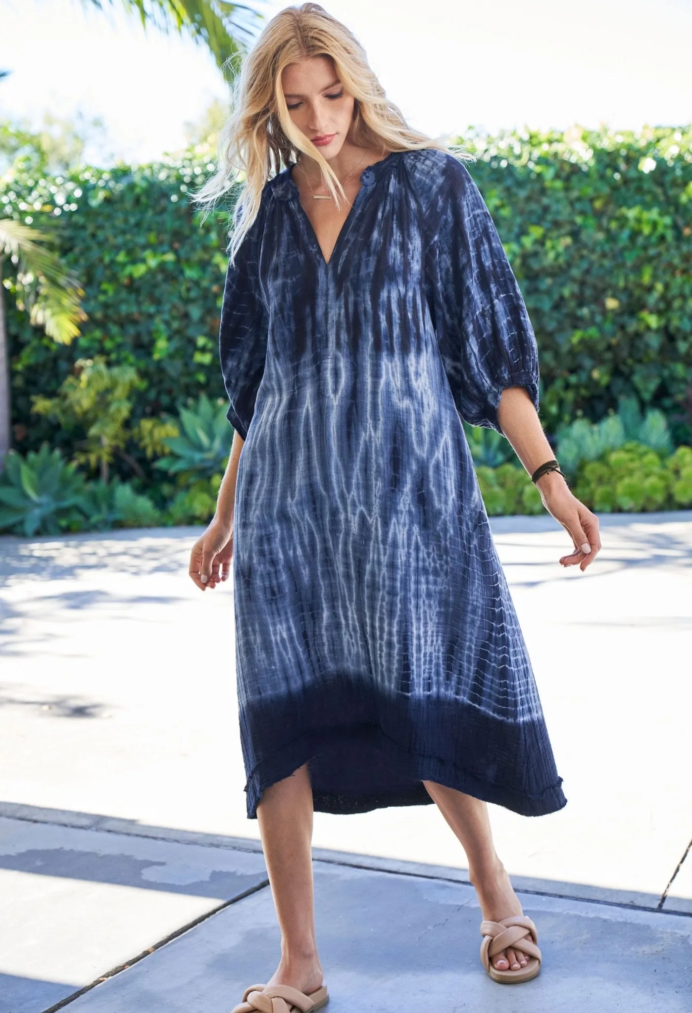 Navy Tide Print Gauze Dress with Pockets