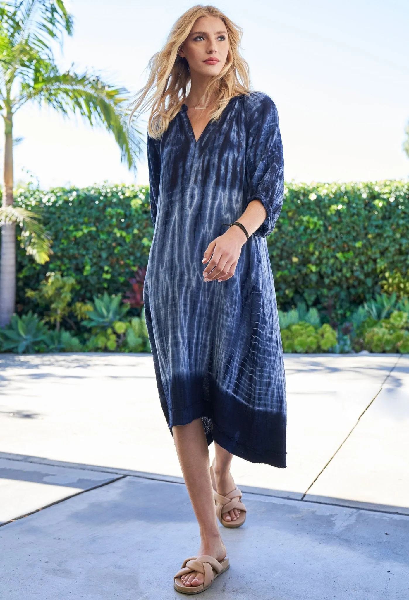Navy Tide Print Gauze Dress with Pockets
