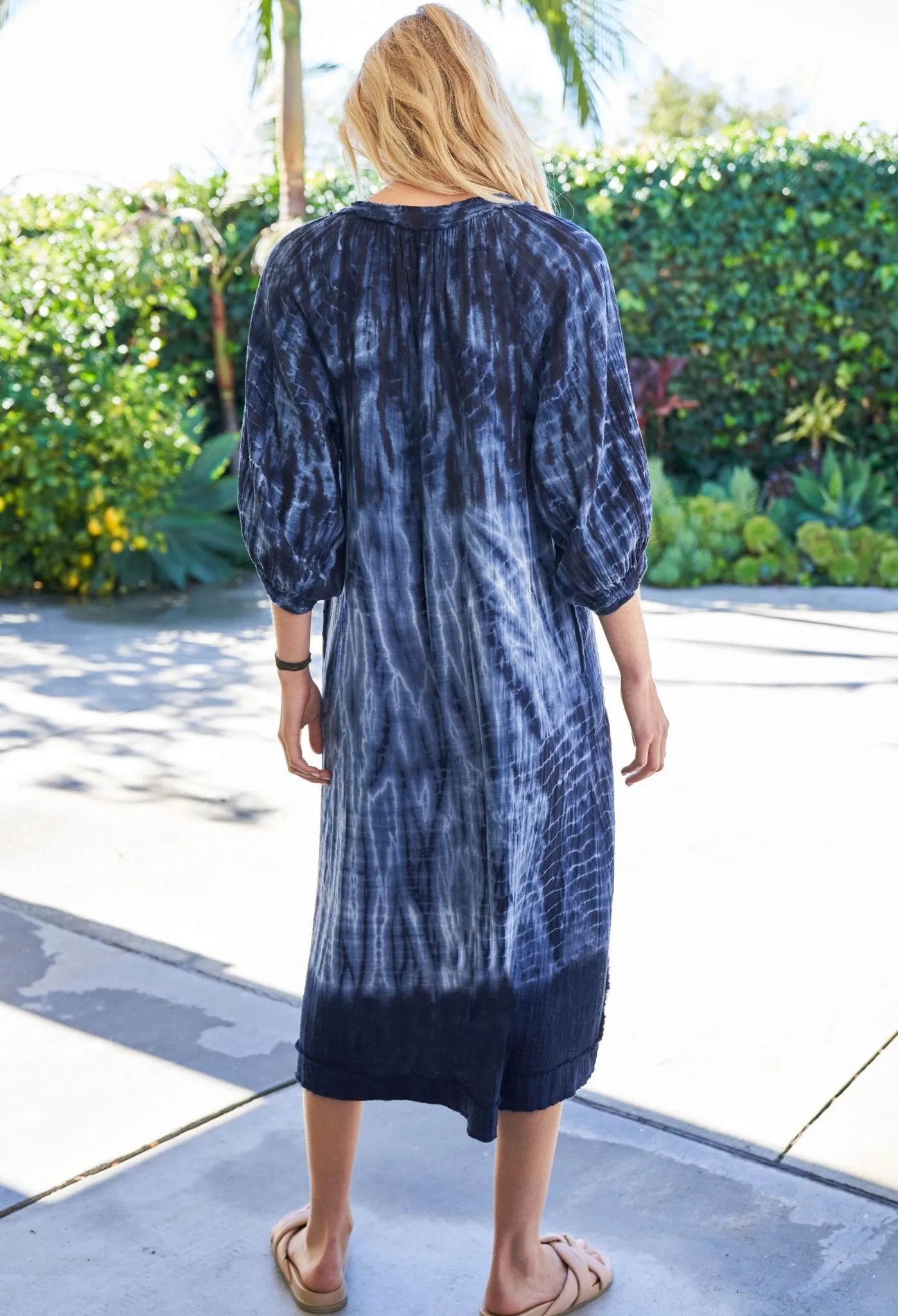 Navy Tide Print Gauze Dress with Pockets