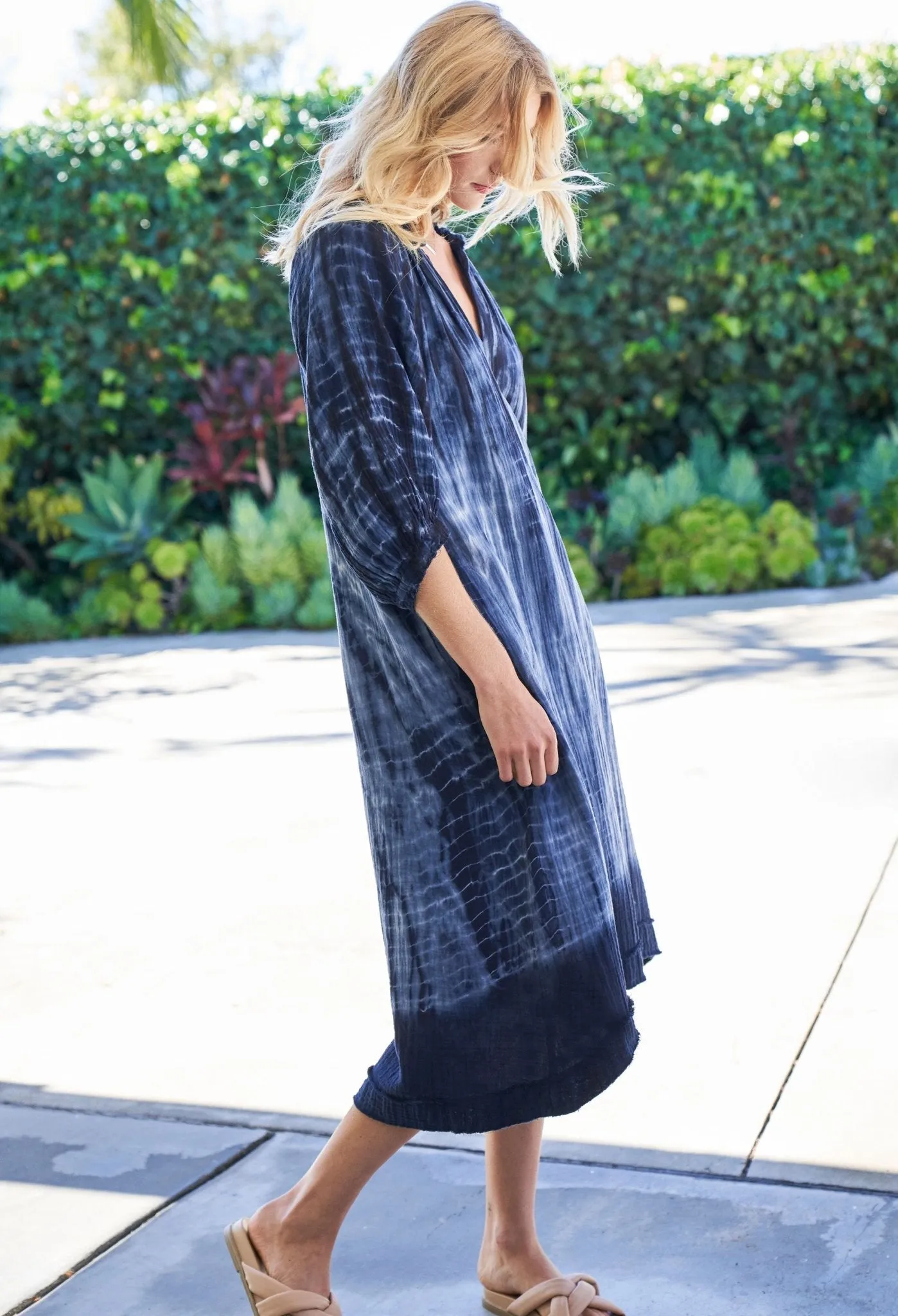 Navy Tide Print Gauze Dress with Pockets
