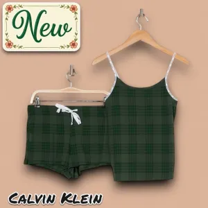 New Calvin Klein Stretch Cotton Camisole &amp; Shorts Pajamas Kating Plaid Green