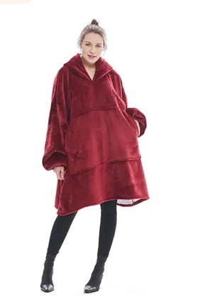 New Huggle Hoodie, Ultra Plush Blanket Hoodie Winter Soft Warm Reversible Hooded Robe Pullover One Size Fit All for Adults & Children (red)