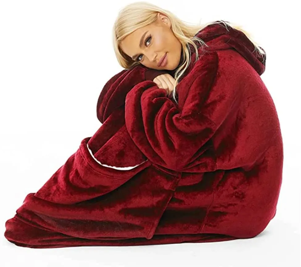 New Huggle Hoodie, Ultra Plush Blanket Hoodie Winter Soft Warm Reversible Hooded Robe Pullover One Size Fit All for Adults & Children (red)