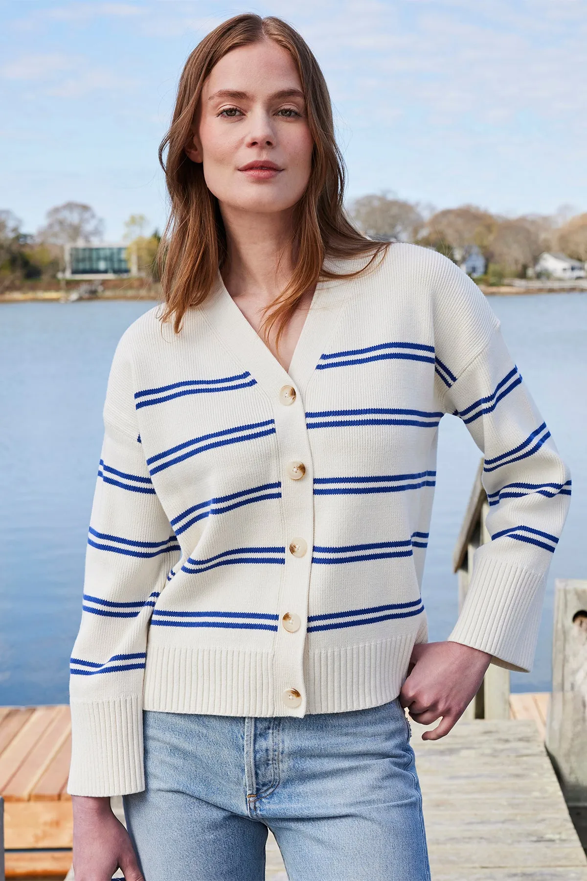 Nora Cardigan in Ivory Caspian Stripe