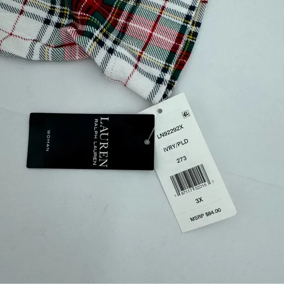 NWT Ralph Lauren IVORY/RED/GREEN Plaid KNIT Pajama/Lounge Set 3X POCKETS New
