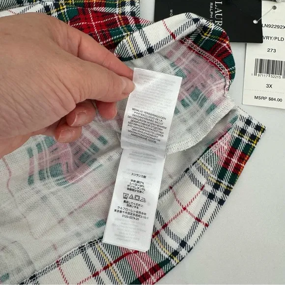 NWT Ralph Lauren IVORY/RED/GREEN Plaid KNIT Pajama/Lounge Set 3X POCKETS New