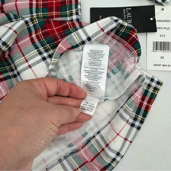 NWT Ralph Lauren IVORY/RED/GREEN Plaid KNIT Pajama/Lounge Set 3X POCKETS New