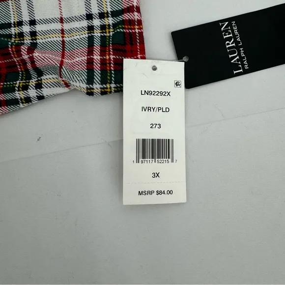 NWT Ralph Lauren IVORY/RED/GREEN Plaid KNIT Pajama/Lounge Set 3X POCKETS New