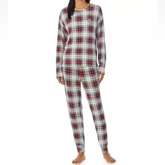 NWT Ralph Lauren IVORY/RED/GREEN Plaid KNIT Pajama/Lounge Set 3X POCKETS New