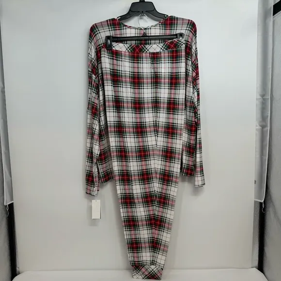 NWT Ralph Lauren IVORY/RED/GREEN Plaid KNIT Pajama/Lounge Set 3X POCKETS New