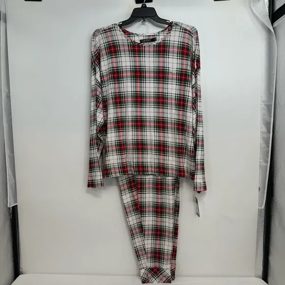 NWT Ralph Lauren IVORY/RED/GREEN Plaid KNIT Pajama/Lounge Set 3X POCKETS New