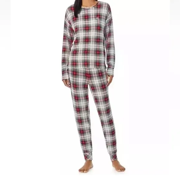 NWT Ralph Lauren IVORY/RED/GREEN Plaid KNIT Pajama/Lounge Set 3X POCKETS New