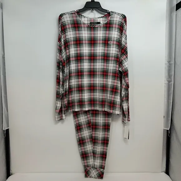 NWT Ralph Lauren IVORY/RED/GREEN Plaid KNIT Pajama/Lounge Set 3X POCKETS New
