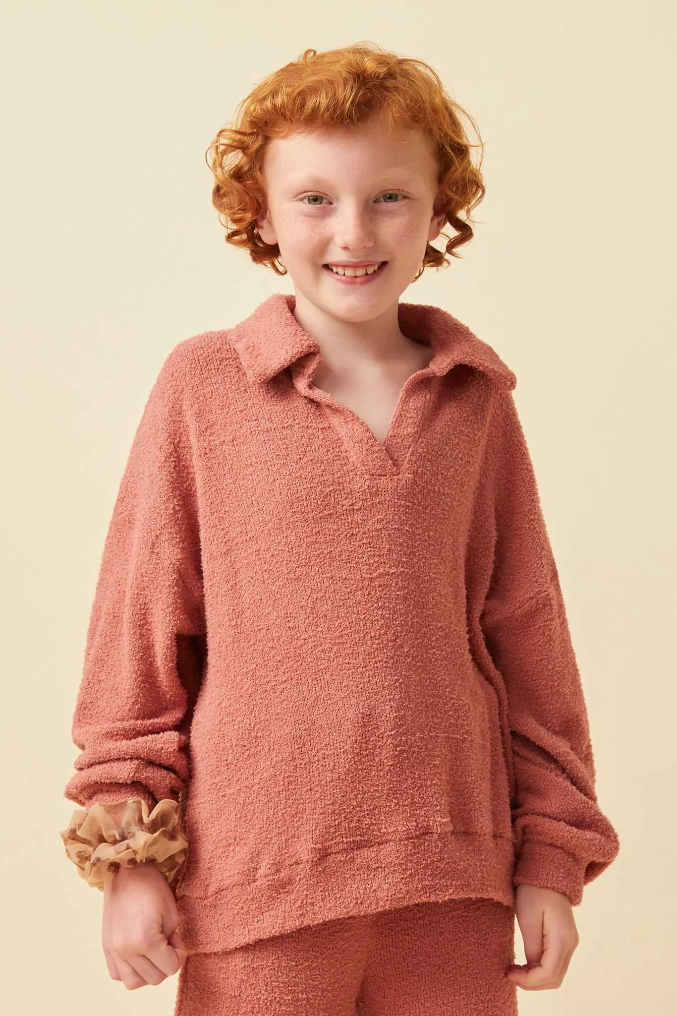 Open Collar Long Sleeve Fleece Top