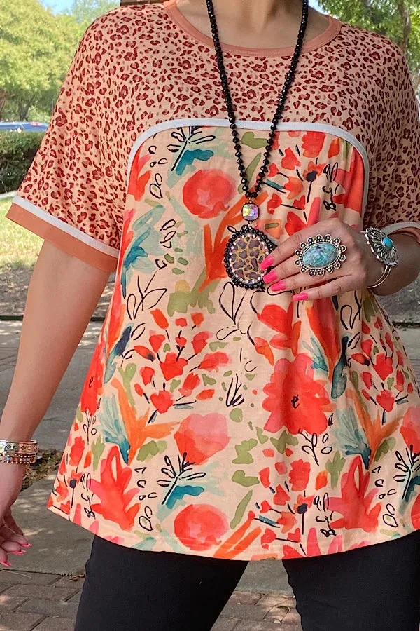Orange Floral & leopard print top