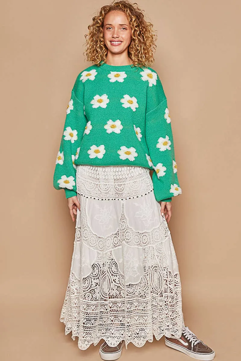 Oversize round neck daisy floral pattern sweater: Shamrock
