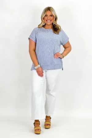 Periwinkle Drop Shoulder Short Sleeve Rib Knit Top