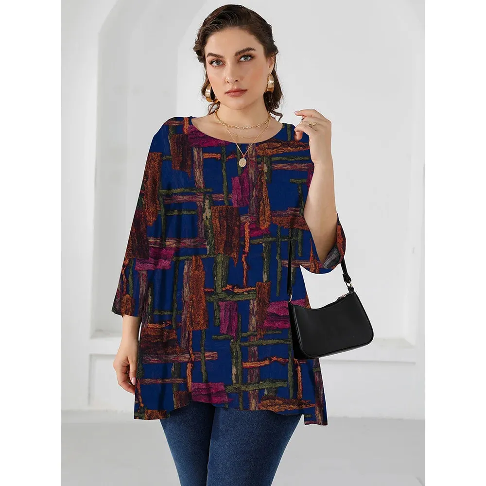 Plus Size Blouse for Women Three Quarter Sleeve Colorful Print Casual Long Blouse Loose Oversized Tops