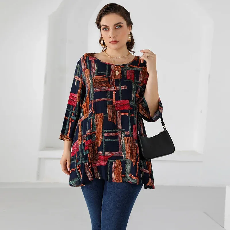 Plus Size Blouse for Women Three Quarter Sleeve Colorful Print Casual Long Blouse Loose Oversized Tops