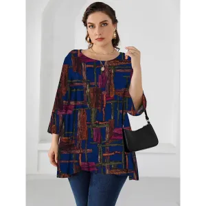 Plus Size Blouse for Women Three Quarter Sleeve Colorful Print Casual Long Blouse Loose Oversized Tops