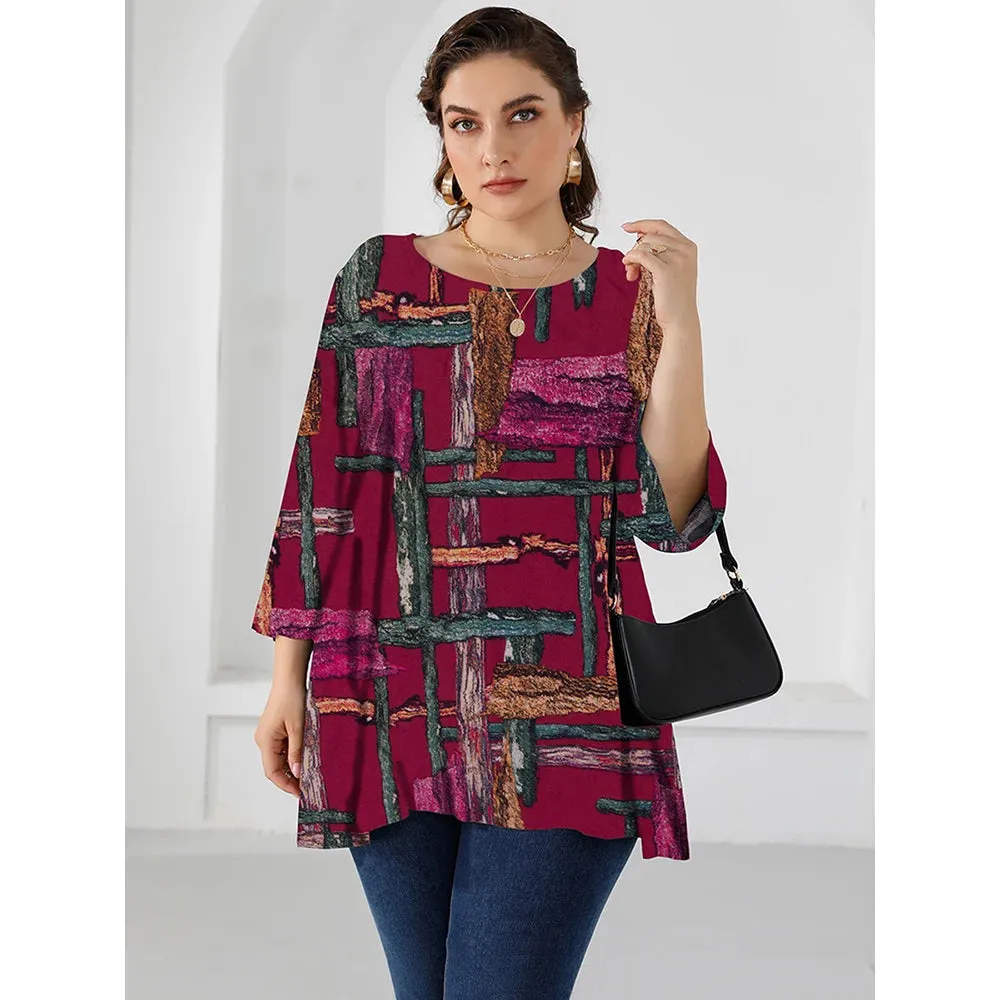 Plus Size Blouse for Women Three Quarter Sleeve Colorful Print Casual Long Blouse Loose Oversized Tops