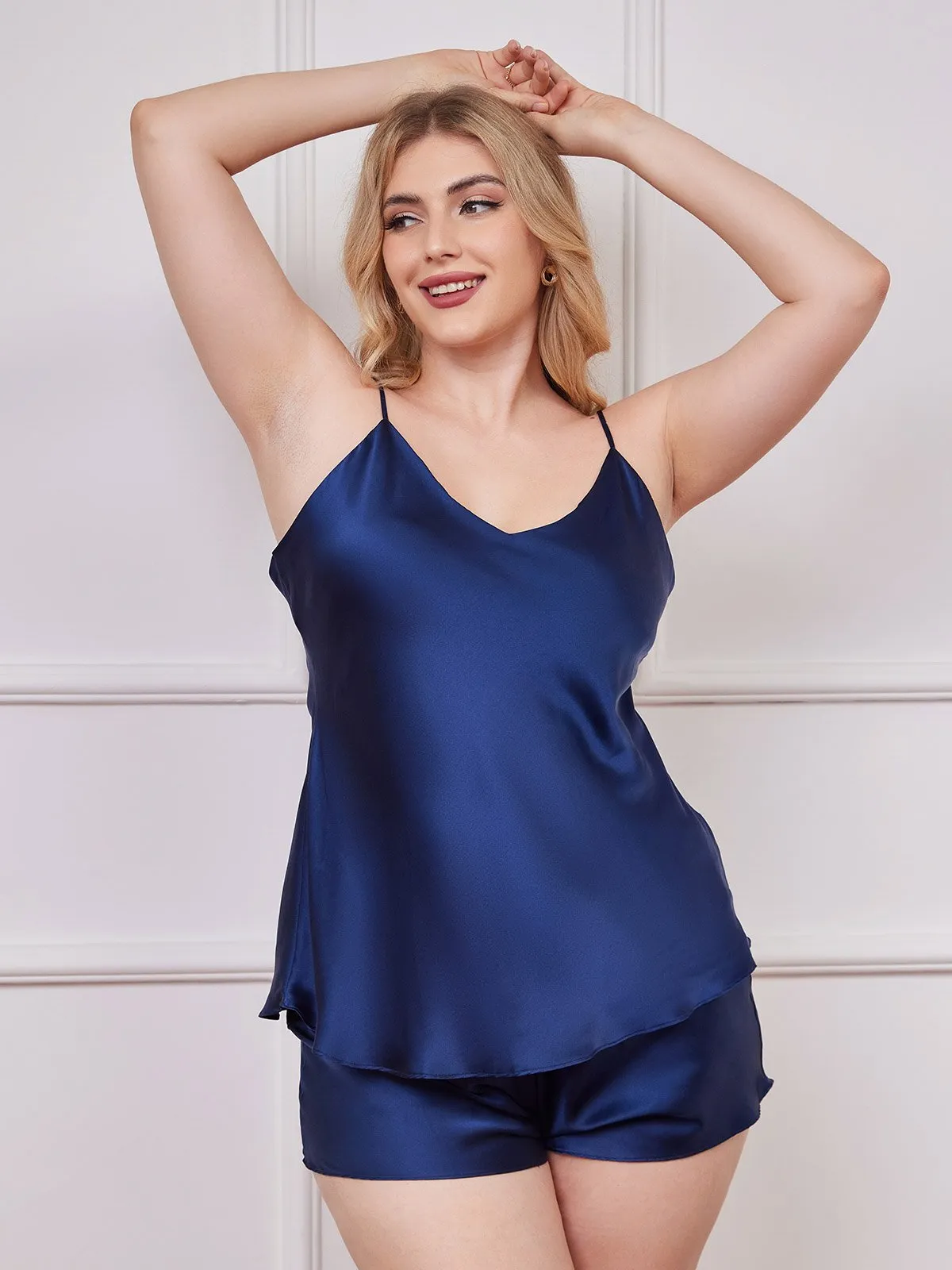 Plus Size Zuivere Zijde Spaghetti Bandjes Camisole Pyjama Set
