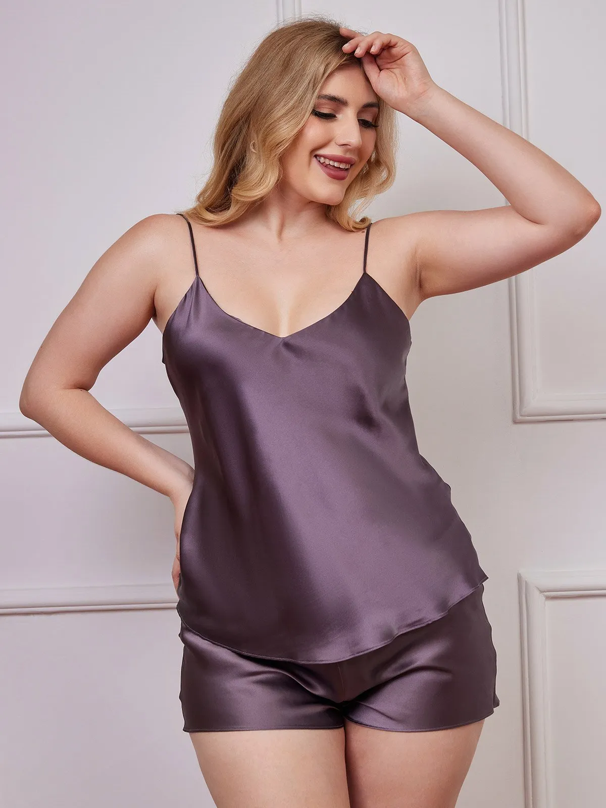 Plus Size Zuivere Zijde Spaghetti Bandjes Camisole Pyjama Set