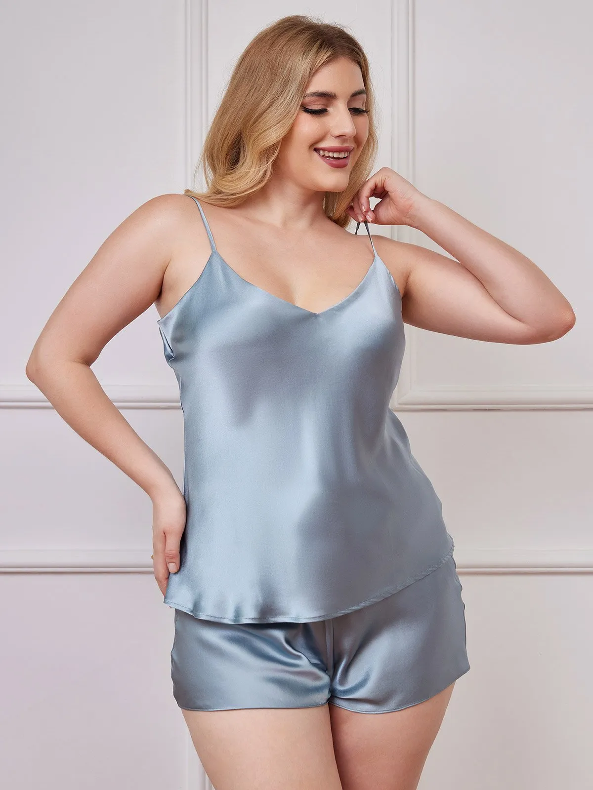 Plus Size Zuivere Zijde Spaghetti Bandjes Camisole Pyjama Set