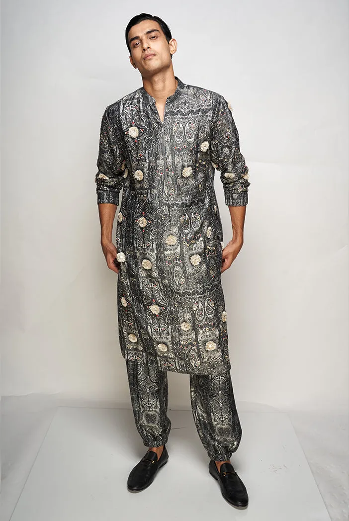 PS MEN YAZIR PRINTED DUPION SILK EMBROIDERED JOGGER KURTA WITH JOGGER PANTS