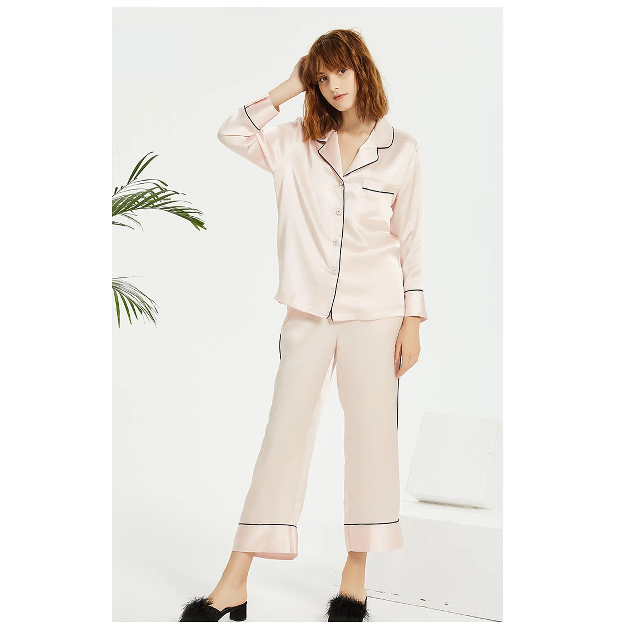 Pure Mulberry Silk Long Sleeve Pajamas for Spring 2-piece, Preppy Pajamas, Best Gift