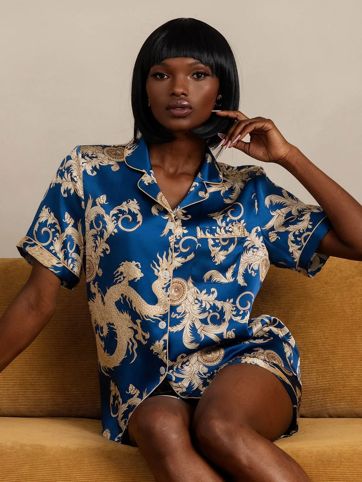 Pure Zijde Draakprint Kortarm Pyjama Set