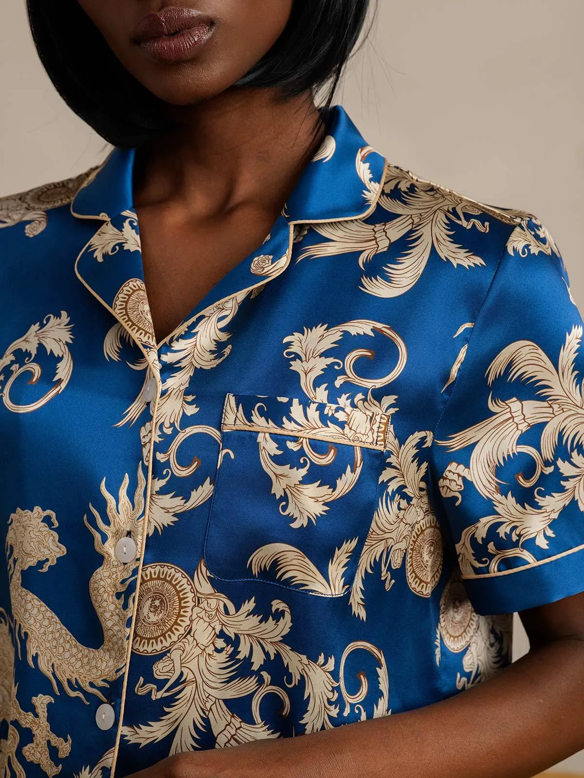 Pure Zijde Draakprint Kortarm Pyjama Set