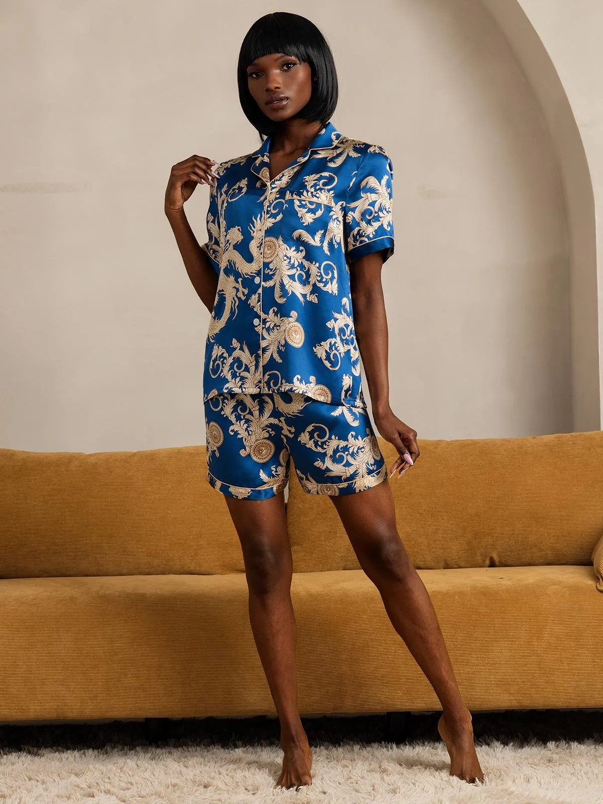 Pure Zijde Draakprint Kortarm Pyjama Set