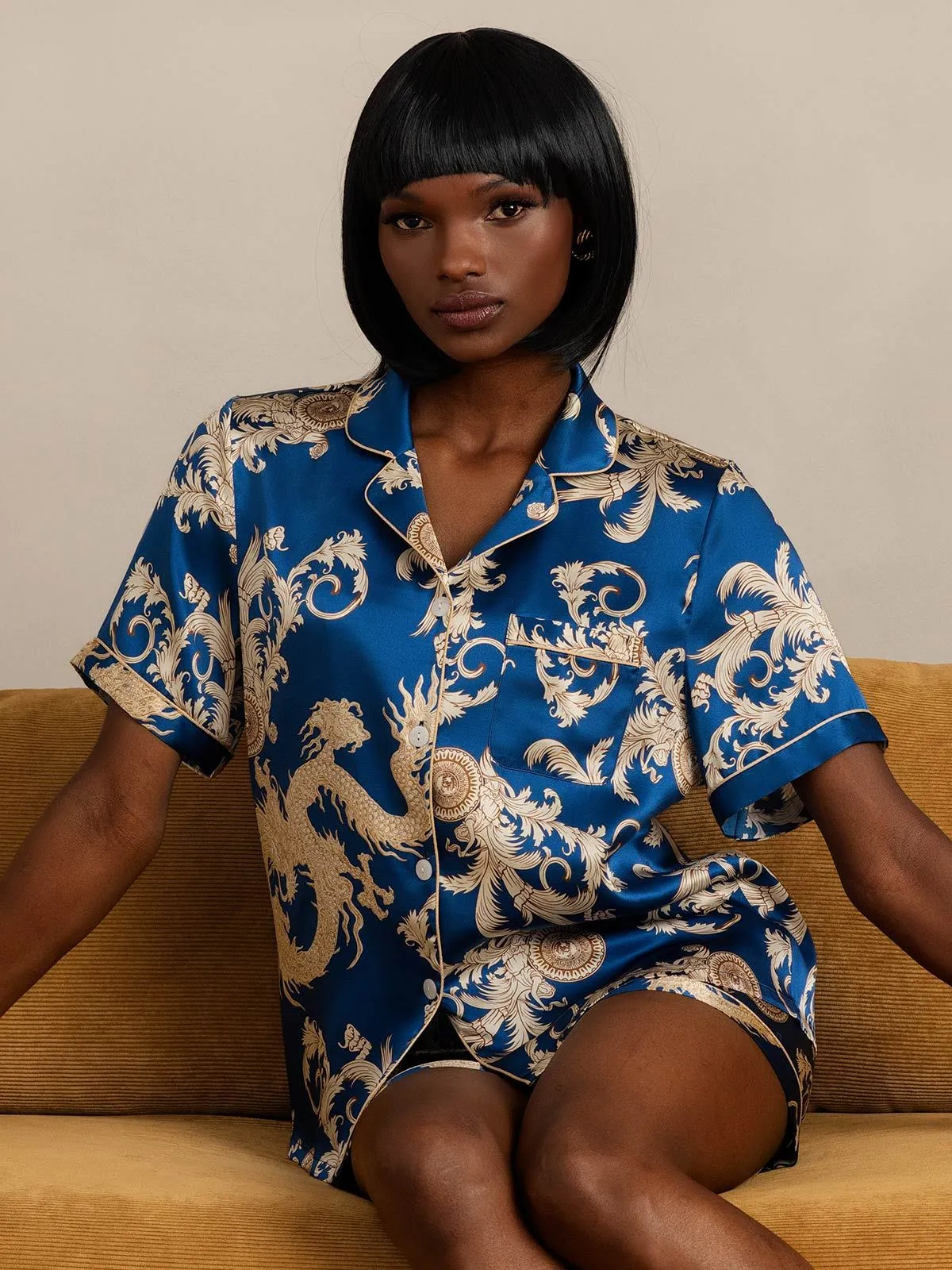 Pure Zijde Draakprint Kortarm Pyjama Set