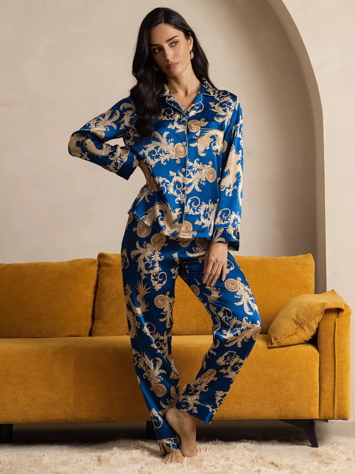 Pure Zijde Draakprint Langarm Pyjama Set