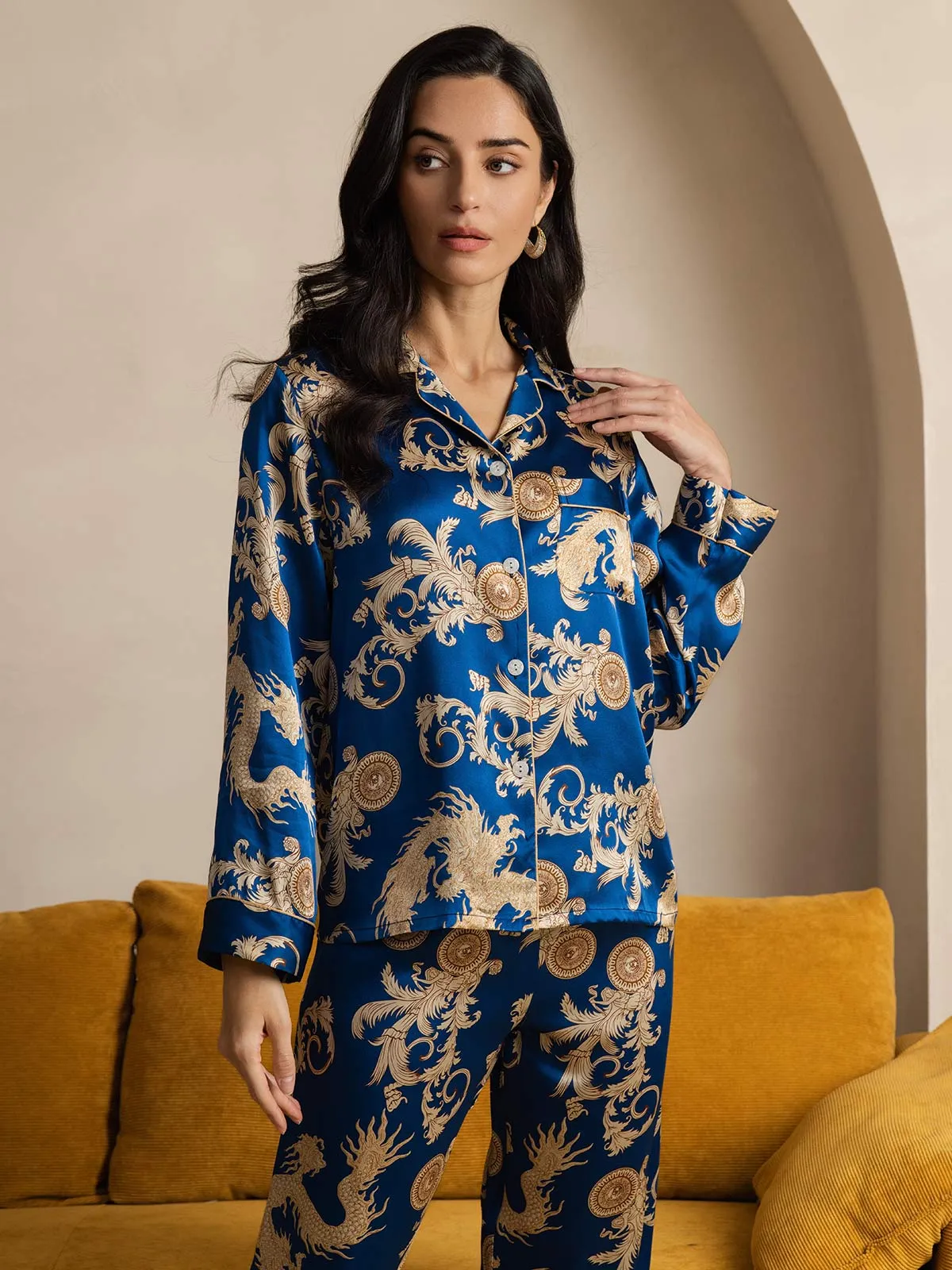 Pure Zijde Draakprint Langarm Pyjama Set