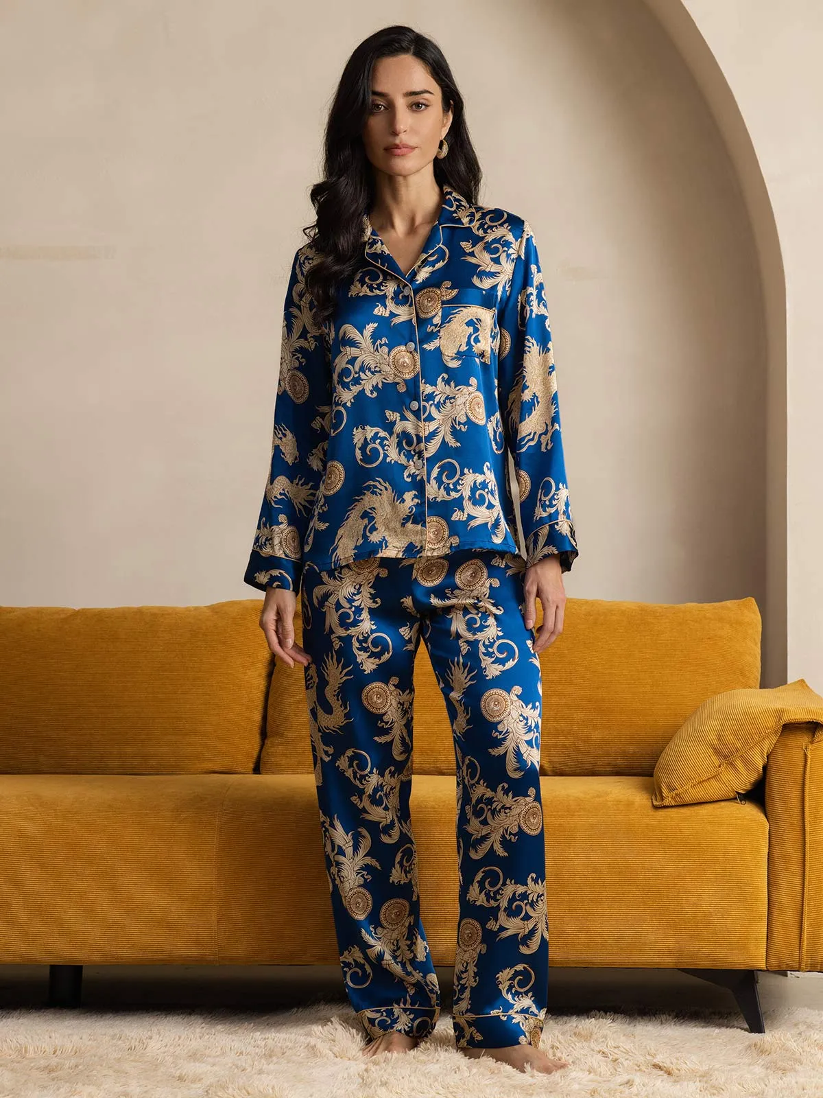 Pure Zijde Draakprint Langarm Pyjama Set