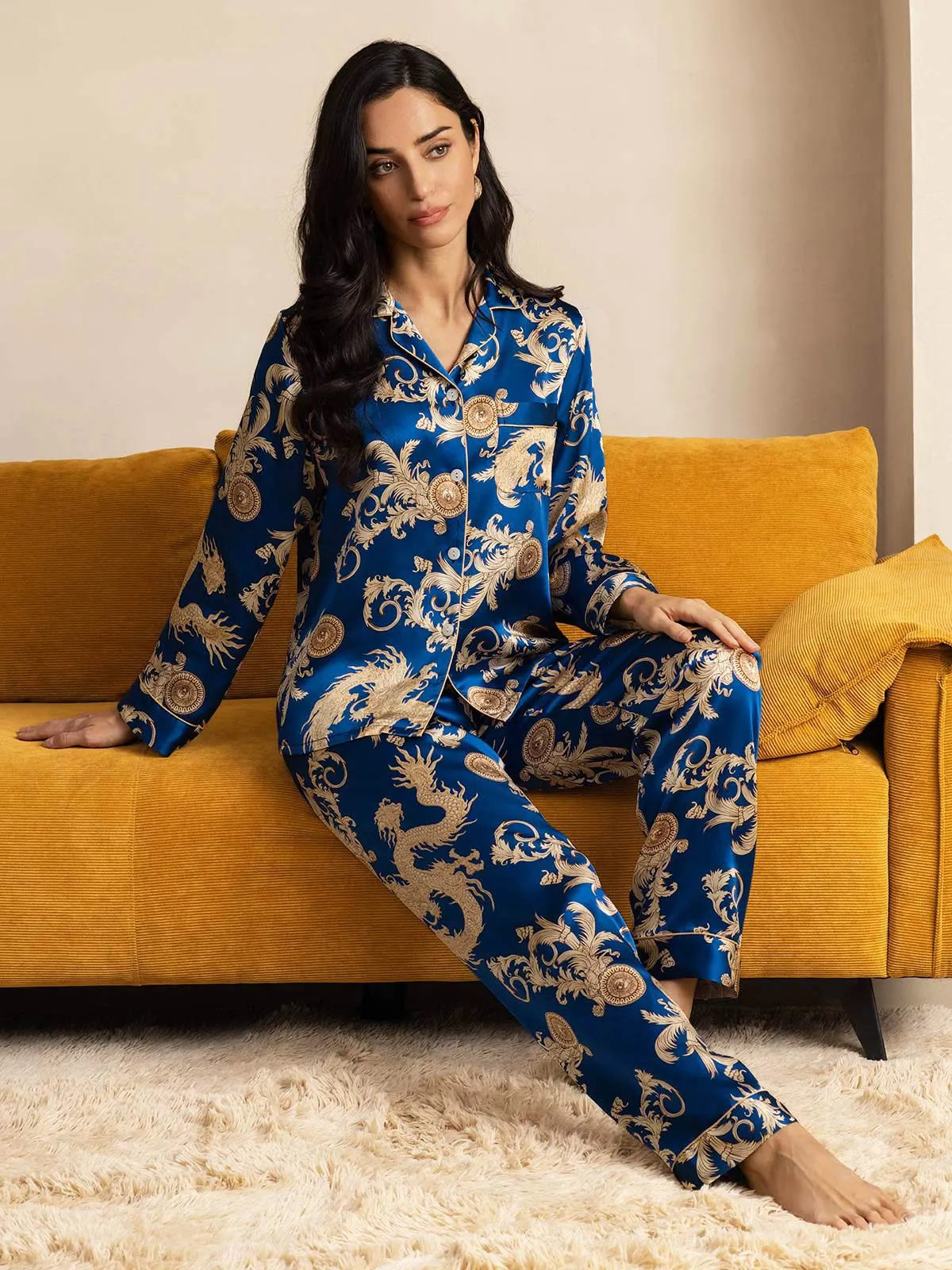 Pure Zijde Draakprint Langarm Pyjama Set