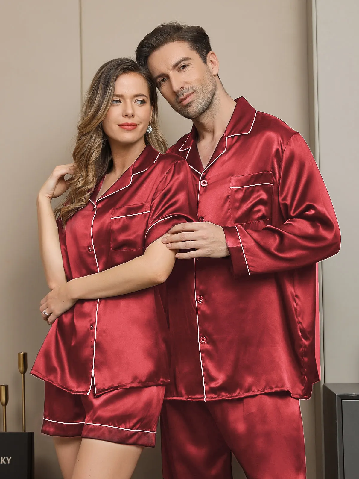 Pure Zijde Klassieke Heren- en Dames Pyjamaset Voor Paar(4Pcs)