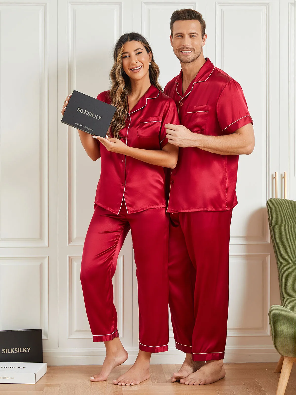 Pure Zijden Korte Mouw Paar Pyjama Sets (totaal 4 stks)