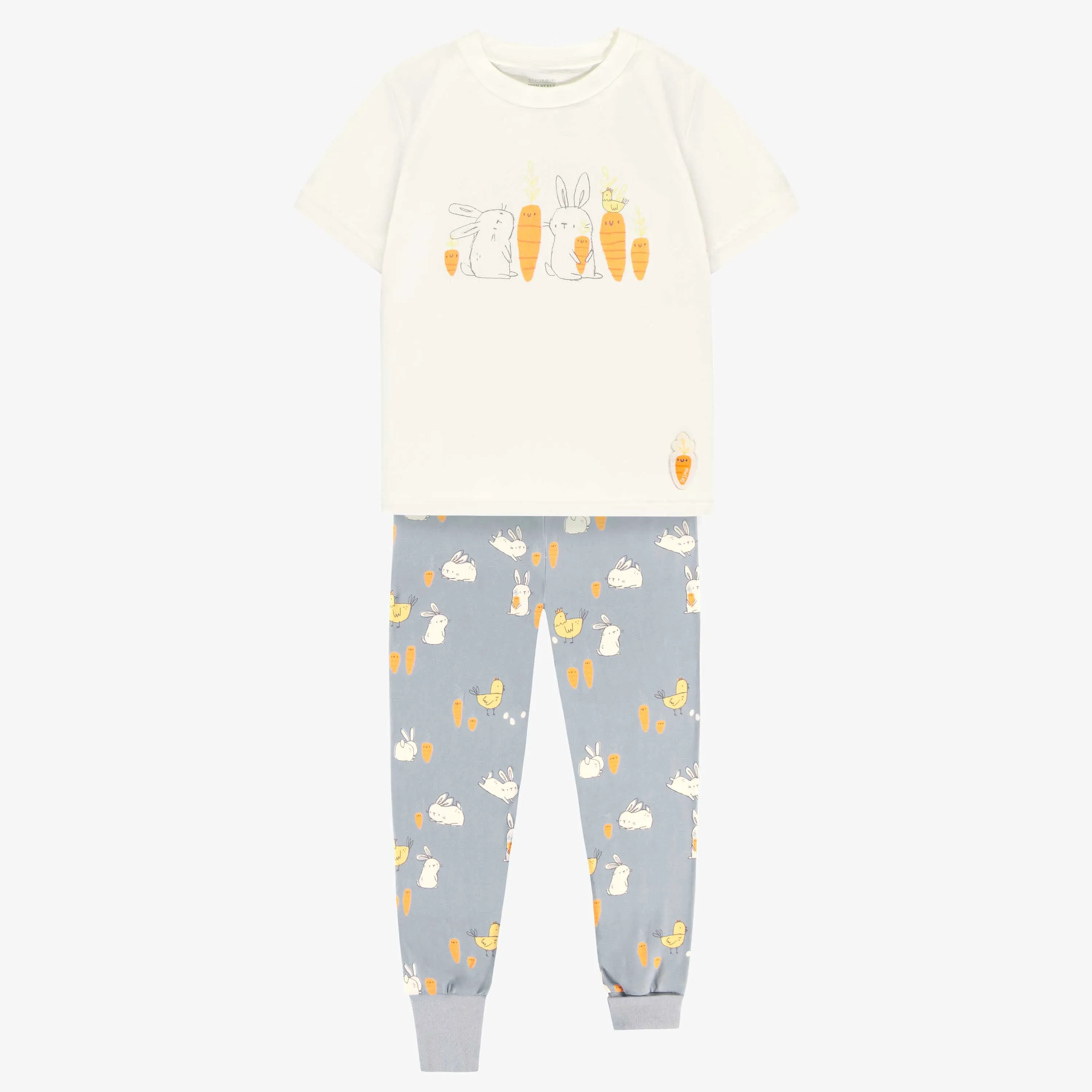 Pyjama deux-pièces bleu et crème à motif de poules et de lapins, enfant || Cream and bleu two-pieces pajama with bunnies and chickens print, child