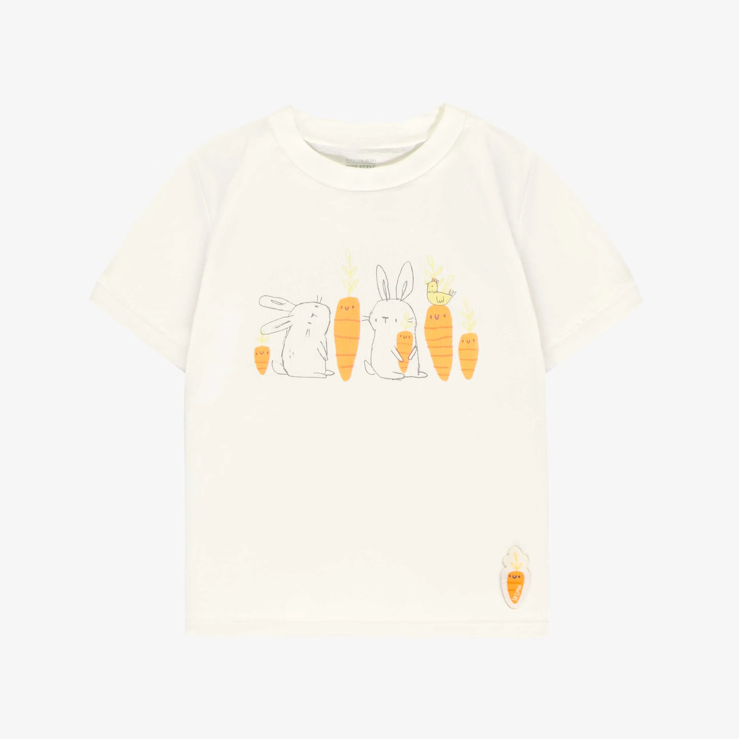 Pyjama deux-pièces bleu et crème à motif de poules et de lapins, enfant || Cream and bleu two-pieces pajama with bunnies and chickens print, child