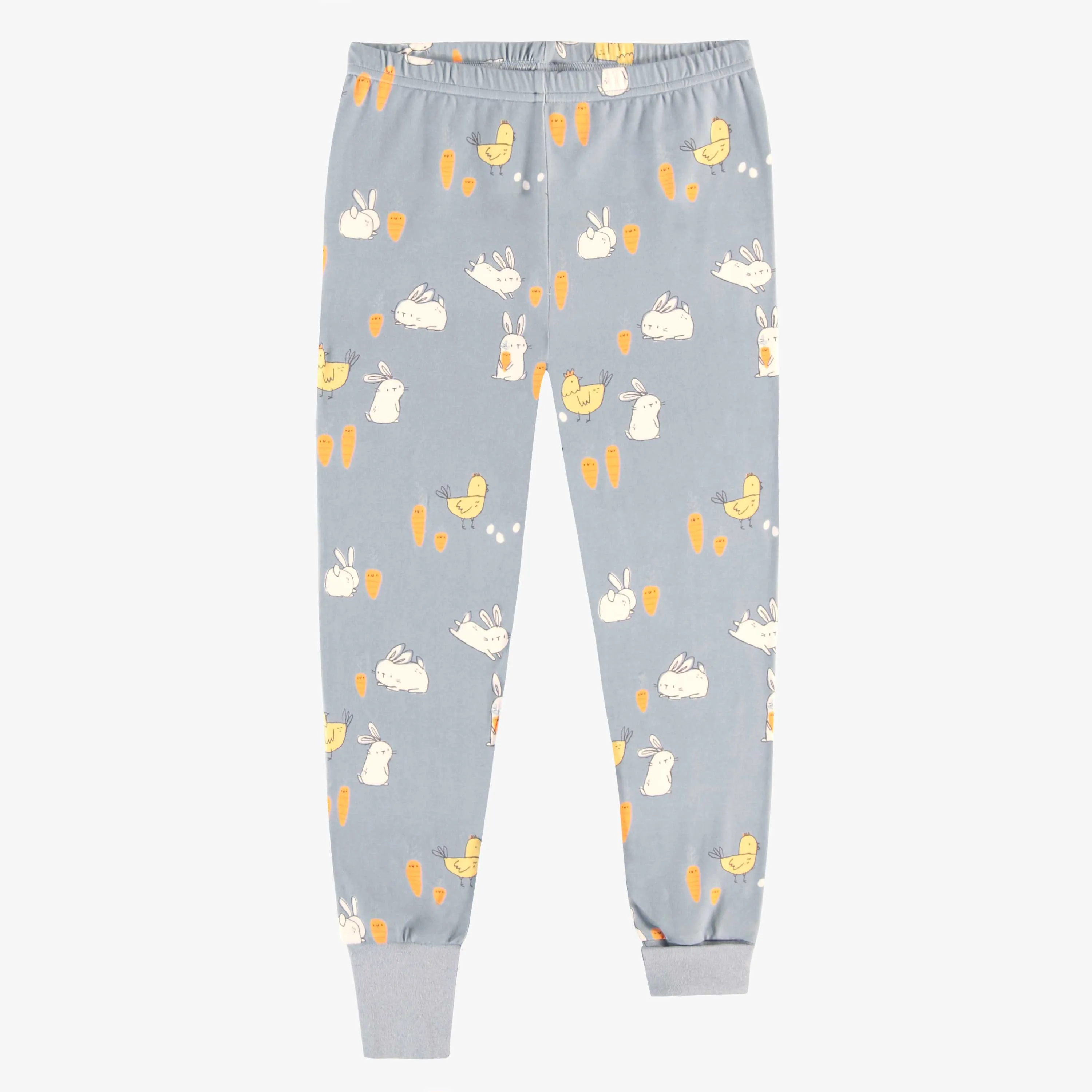 Pyjama deux-pièces bleu et crème à motif de poules et de lapins, enfant || Cream and bleu two-pieces pajama with bunnies and chickens print, child