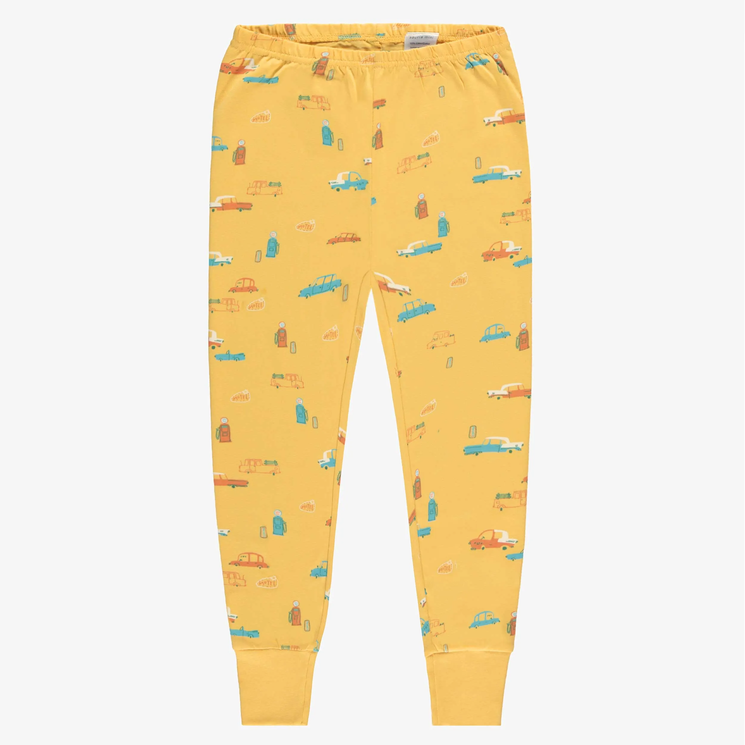 Pyjama deux pièces jaune et crème à motifs et illustration, enfant  || Two piece yellow and cream pajamas with all over print and illustration, child