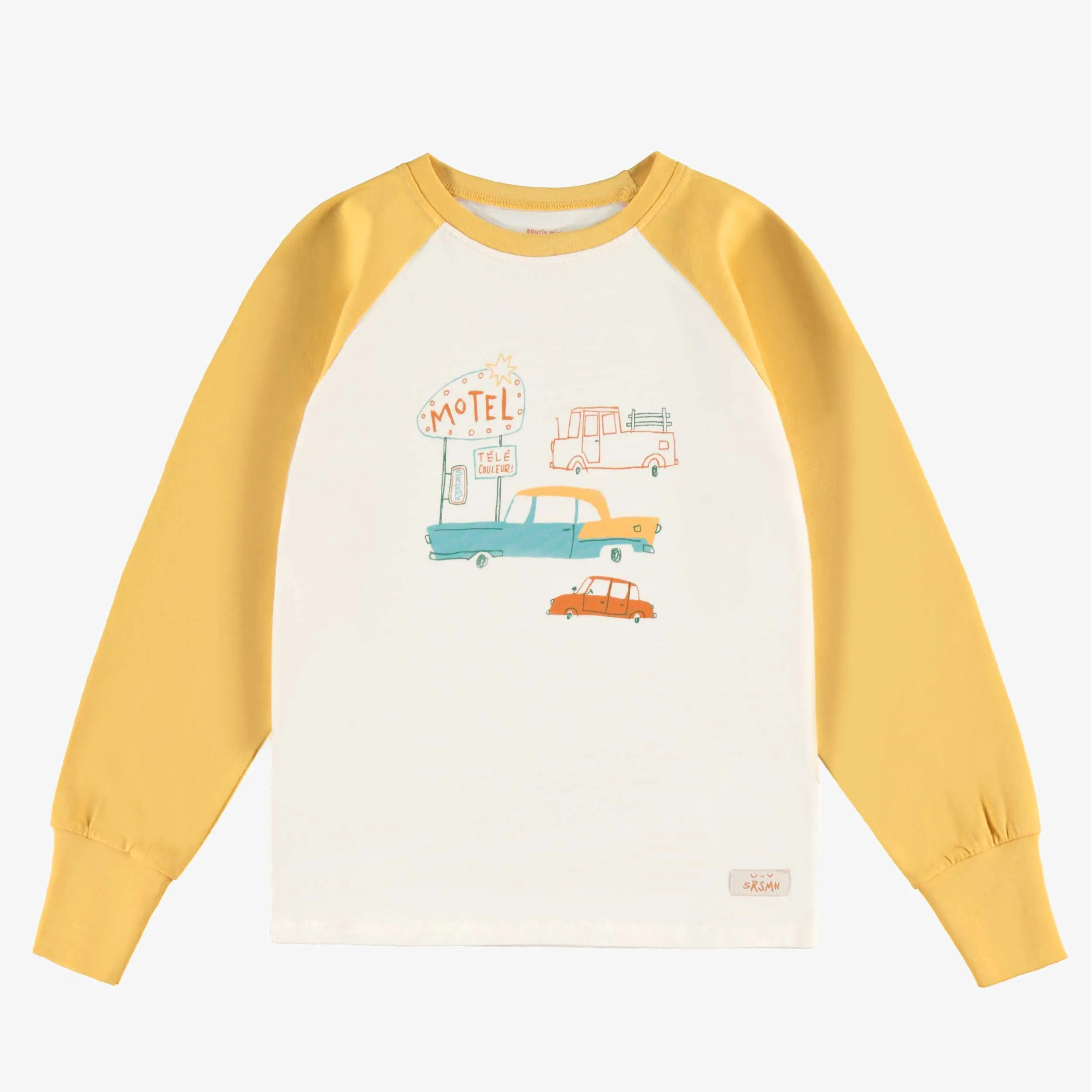 Pyjama deux pièces jaune et crème à motifs et illustration, enfant  || Two piece yellow and cream pajamas with all over print and illustration, child