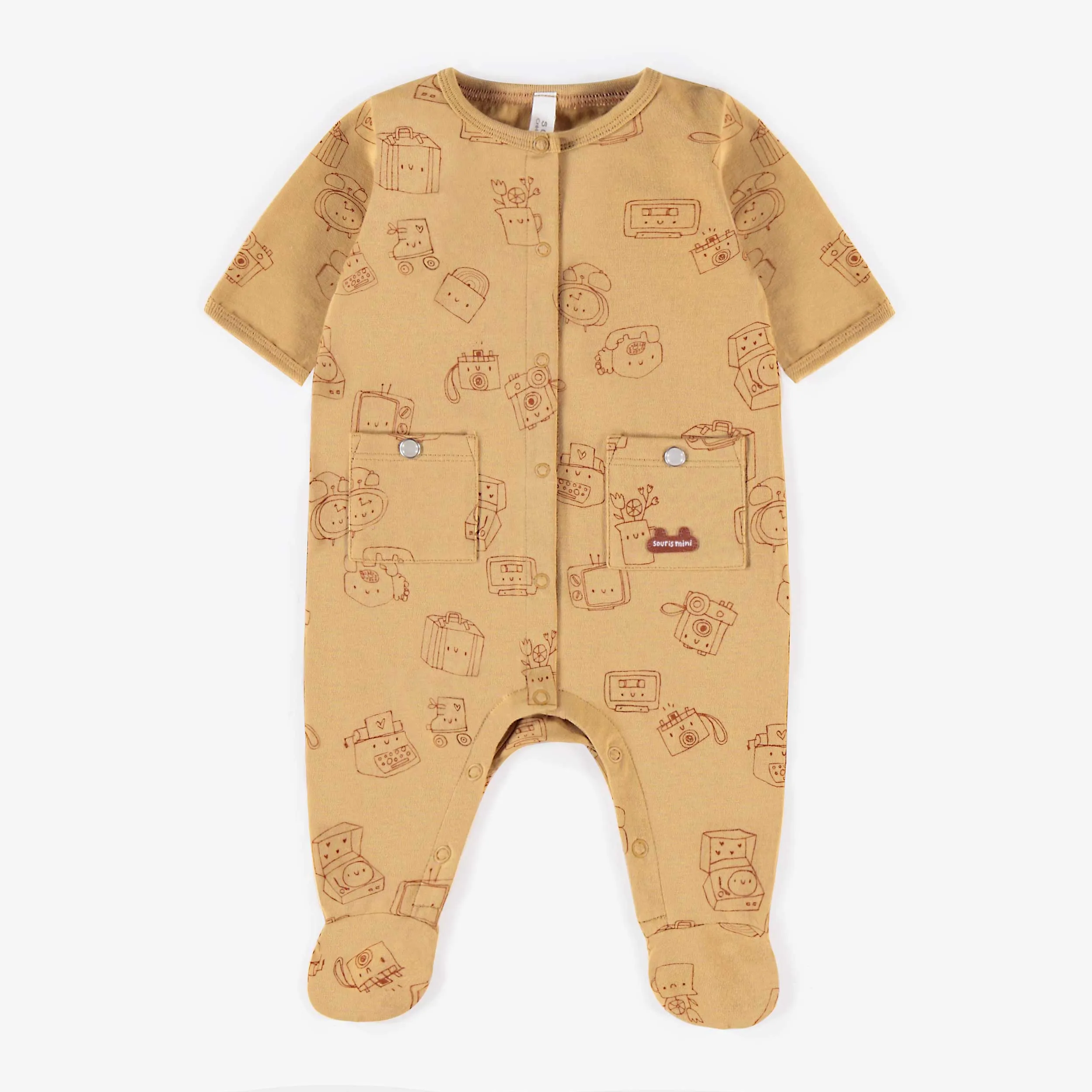 Pyjama jaune à manches courtes en coton biologique extensible, naissance || Yellow short-sleeved pyjamas in stretch organic cotton, newborn