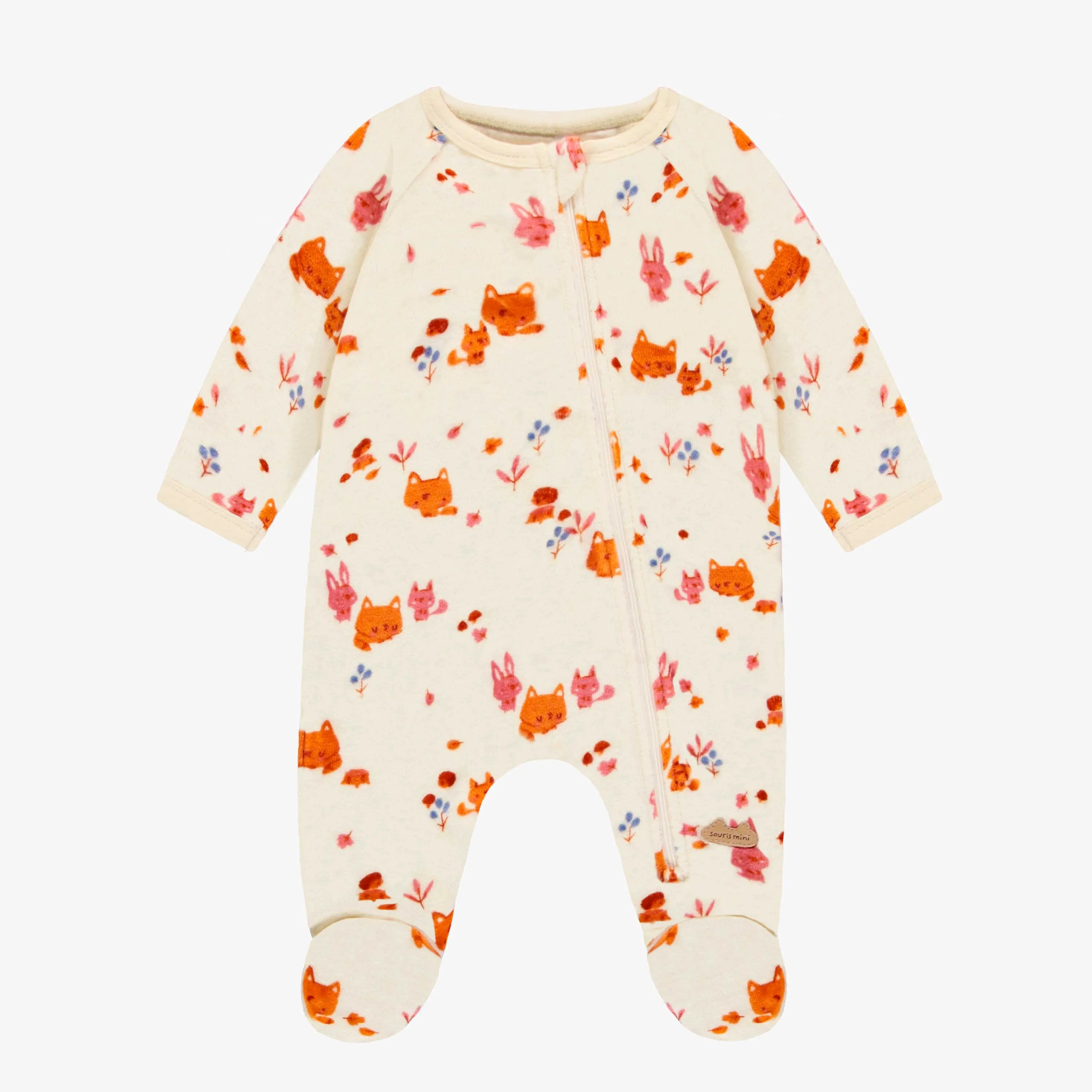 Pyjama une pièce crème à motifs de renard en velours, naissance || Cream fox print one piece pajamas in velvet, newborn