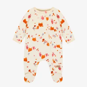 Pyjama une pièce crème à motifs de renard en velours, naissance || Cream fox print one piece pajamas in velvet, newborn