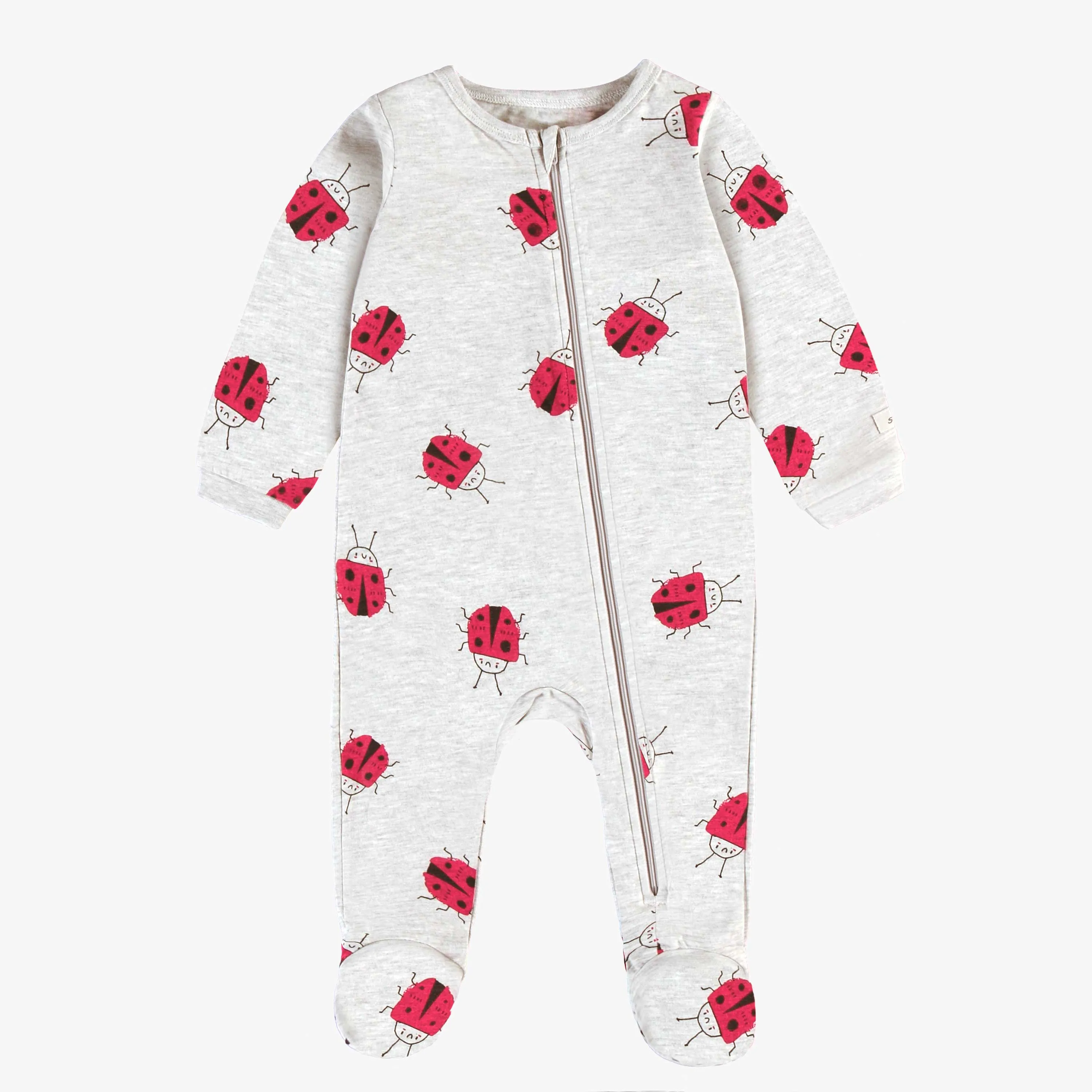 Pyjama une pièce gris chiné en jersey de coton à motifs de coccinelles, bébé  || Grey cotton jersey one-piece pyjamas with ladybug all over print, baby