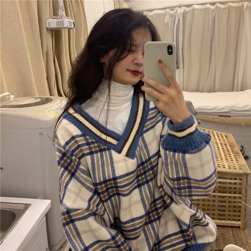 "CONTRAST PLAID WOOL" PULLOVER N110501